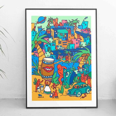 Brasilien Tropical Jungle City Wall Art Fine Art Giclée-Druck Naive 2D-Illustration Buntes Poster in limitierter Auflage Verrückte Weltmusik inspiriert