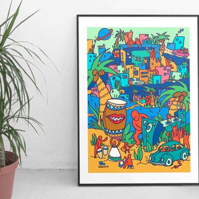 Brazil Tropical Jungle City Wall Art Fine Art Giclée Print Naive 2d illustration Colourful poster limited edition Crazy world music inspired