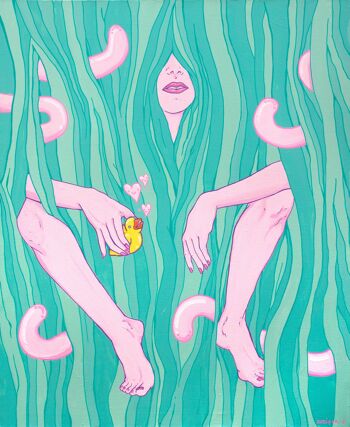 L'heure du bain édition limitée giclée pop surréaliste impression d'art mixte de Marta Zubieta. Lowbrow Cartoon Street Art du Royaume-Uni 3