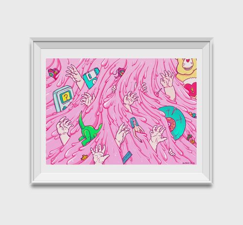 90s Nostalgia and slime. Toys and memories in a pink waterfall. Psychedelic pop surrealist lowbrow giclee art print, wall art, decor
