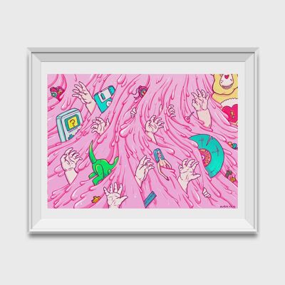 90s Nostalgia and slime. Toys and memories in a pink waterfall. Psychedelic pop surrealist lowbrow giclee art print, wall art, decor