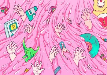 Nostalgie et slime des années 90. Jouets et souvenirs dans une cascade rose. Impression d'art giclée lowbrow pop psychédélique surréaliste, art mural, décor 2