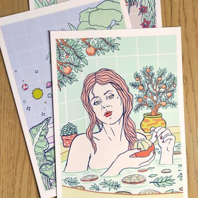Bain aux agrumes et oranges de Séville | Bath Time Self Care Serie III, impression giclée en édition limitée | Illustration d'art mural vertical de femme de salle de bain