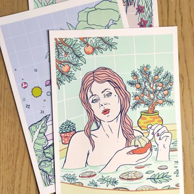 Zitrusbad und Sevilla-Orangen | Bath Time Self Care Serie III, Giclée-Druck in limitierter Auflage | Badezimmer-Frauen-vertikale Wandkunstillustration