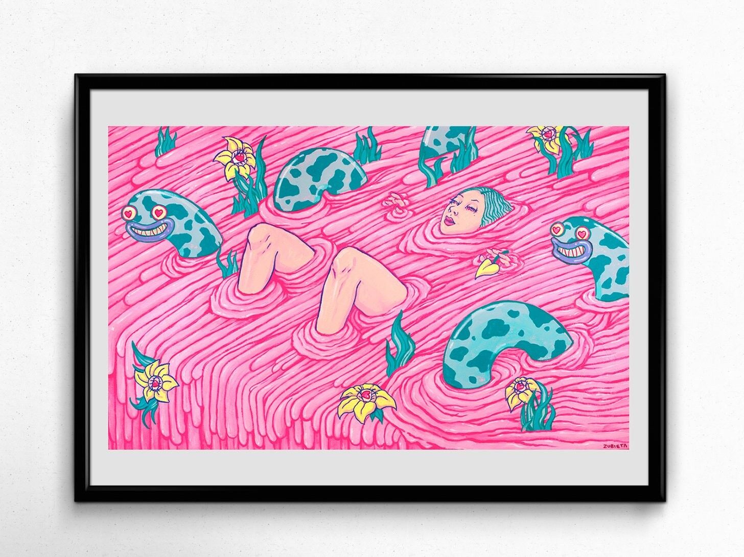 La Petite Mort. Giclée-Pop-Surreal-Mixed-Media-Kunstdruck in limitierter Auflage von Marta Zubieta. Unkomplizierte popsurrealistische Straßenkunst