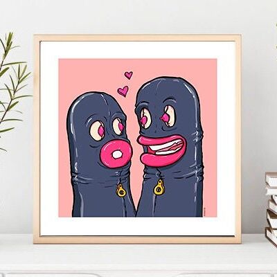 Love at First Sight, limited ed giclée art print, lowbrow, pop surrealist art, weird love, bdsm, bondage, latex, gimp lover, latex lover