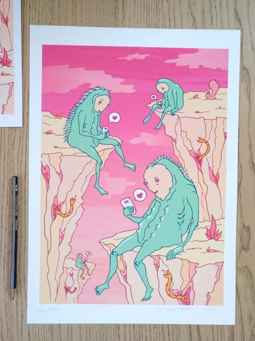 Giclée Art Print: Looking for Love. Pop Surrealist Wall Art. Millenial Aliens Addicted to Tinder. Digital Illustration