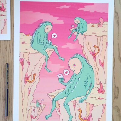 Lámina Giclée: Buscando el Amor. Arte de pared surrealista pop. Extranjeros millenials adictos a Tinder. Ilustración digital