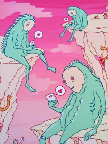 Giclée Art Print : À la recherche de l'amour. Art mural pop surréaliste. Des extraterrestres de la génération Y accros à Tinder. Illustration numérique 2