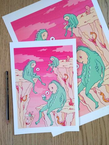 Giclée Art Print : À la recherche de l'amour. Art mural pop surréaliste. Des extraterrestres de la génération Y accros à Tinder. Illustration numérique 3