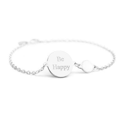Pulsera cadena con medallón y nácar blanco en plata 925 para mujer - grabado BE HAPPY