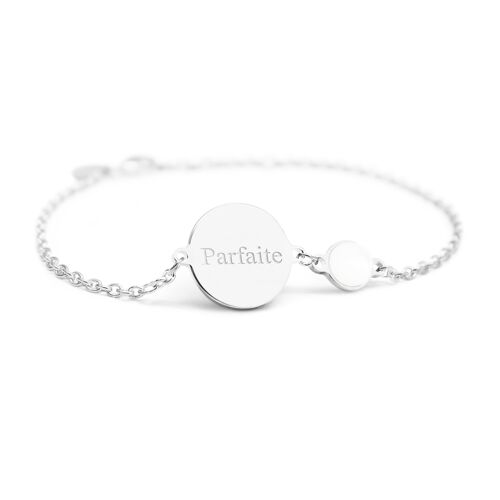 Bracelet chaine médaille et nacre blanche argent 925 femme - gravure PARFAITE