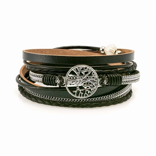 Tree-of-life black leather bracelet