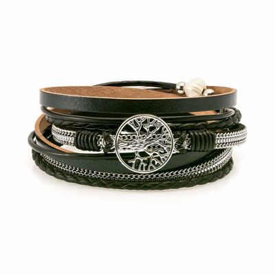 Tree-of-life black leather bracelet