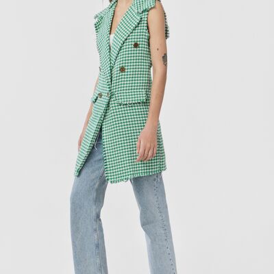 MATTEO Double Breasted Vest in Houndstooth Knit in Green and White