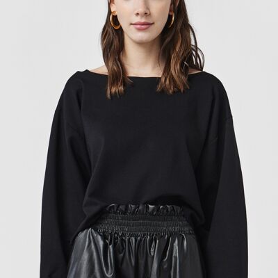 VANIA Sweatshirt With Kimono Sleeves and Button Detail in Black