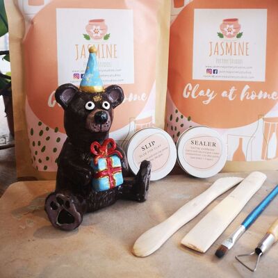 Birthday Bear Clay Kit – DIY Craft at Home Pottery Kit – Lockdown Party – Virtual Experience gifts. Kids craft kit.