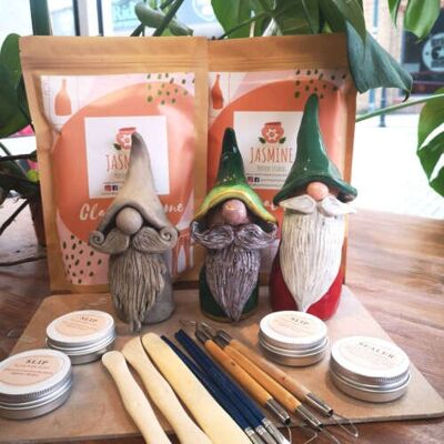 Clay Pottery Kit for Three – Craft Your Own DIY Gnome. Air Drying Clay - Paint-kit-1