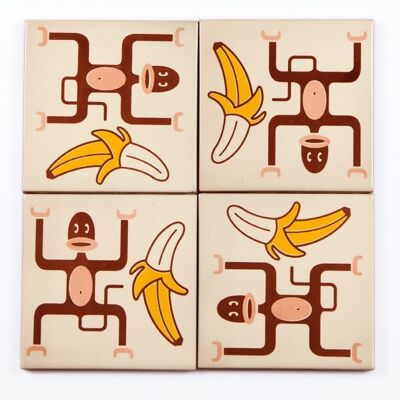 Murale decorativo in ceramica Scimmie e banane 4 piastrelle