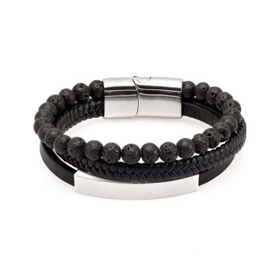 Bracelet homme cuir & pierre de lave noir