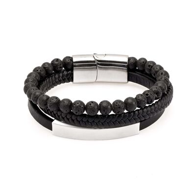 Men´s leather & lava stone bracelet black