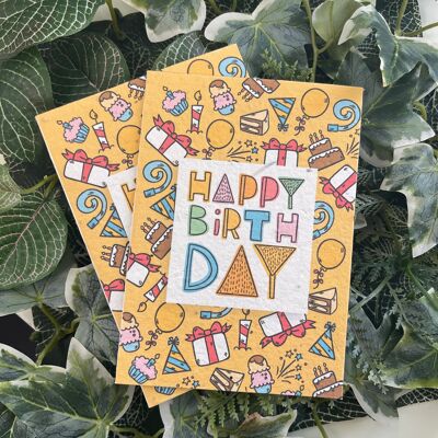 Happy Birthday plantable card - yellow doodle /