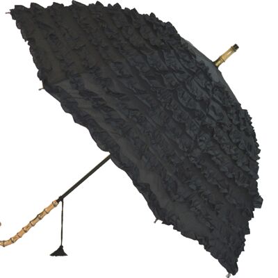 Black coloured Fifi Frilly walking stick style umbrella - FIFBLA