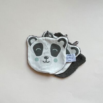 Lot de 3 grandes lingettes lavables Panda noir et blanc