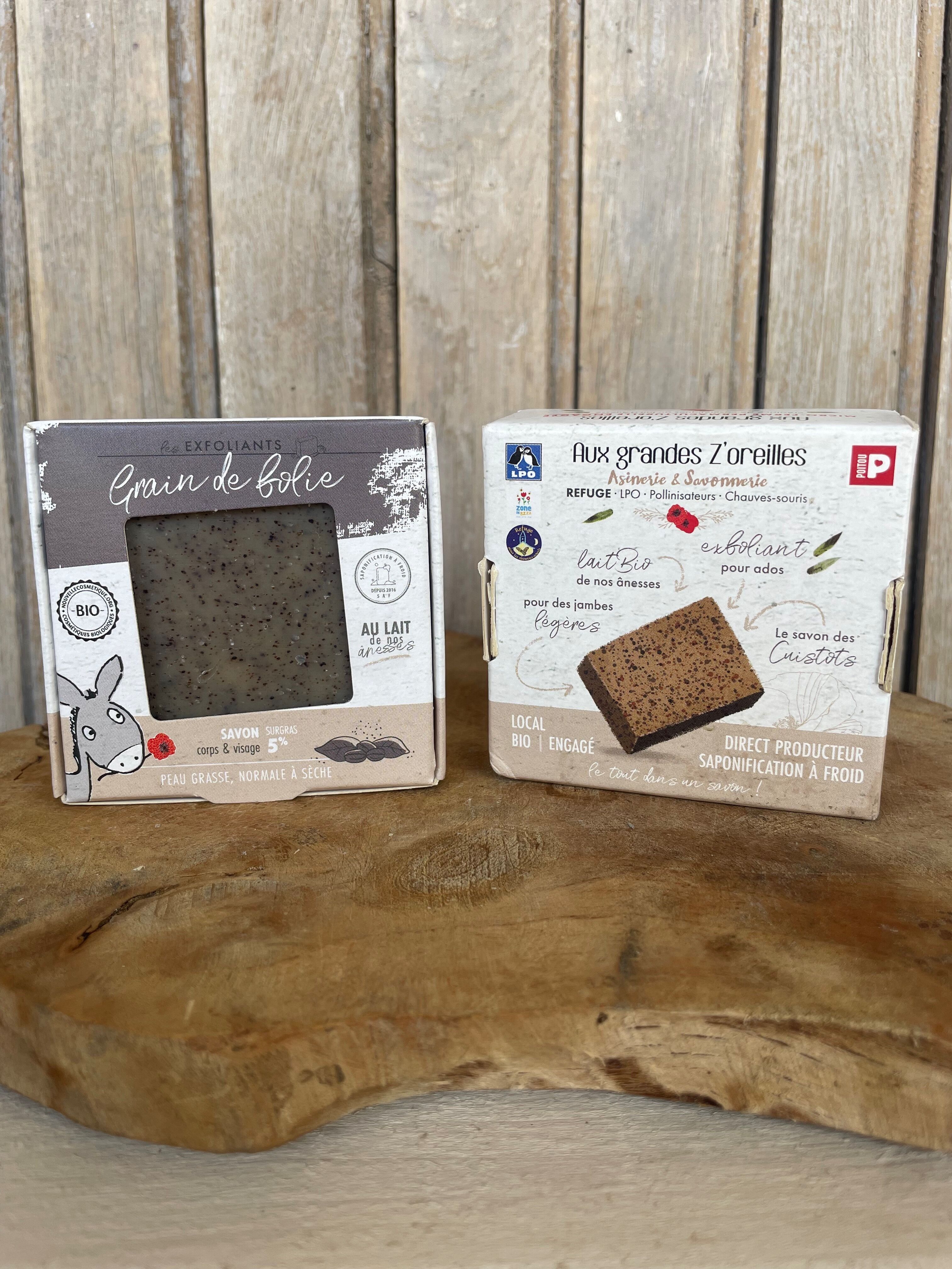 Organic exfoliating soap with donkey milk, coffee grounds & aloe vera, cold saponified - Grain de Folie