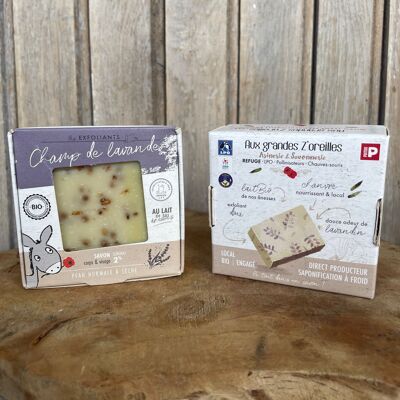 Savon exfoliant bio au lait d'ânesse et à la lavande, saponifié à froid - Champ de lavande