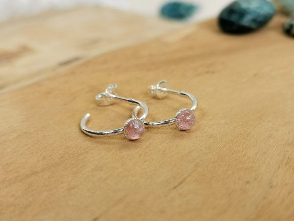 Mini silver ROMY strawberry quartz hoop earrings
