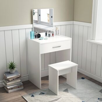 Ensemble de coiffeuse moderne Meerveil, blanc, avec miroir sans cadre et tabouret, 1 tiroir 2
