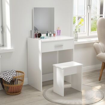 Ensemble de coiffeuse moderne Meerveil, blanc, avec miroir sans cadre et tabouret, 1 tiroir 3