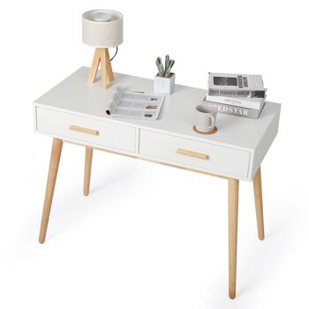 Bureau d'ordinateur moderne Meerveil, couleur blanche, 2 tiroirs et cadre en bois massif 5