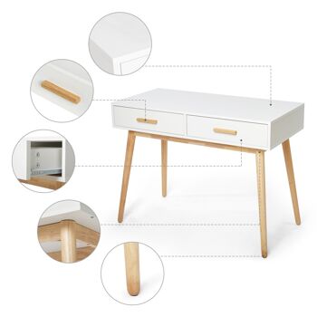 Bureau d'ordinateur moderne Meerveil, couleur blanche, 2 tiroirs et cadre en bois massif 6