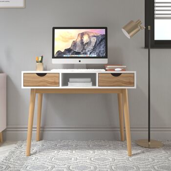 Meerveil Desk Computer Tableï¼ŒBlanc et Chêneï¼Œavec 2 Tiroirs 1 Meuble de Rangement 2