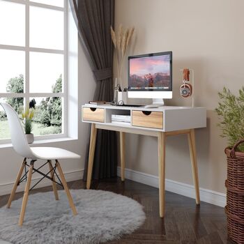 Meerveil Desk Computer Tableï¼ŒBlanc et Chêneï¼Œavec 2 Tiroirs 1 Meuble de Rangement 3