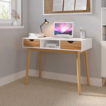 Meerveil Desk Computer Tableï¼ŒBlanc et Chêneï¼Œavec 2 Tiroirs 1 Meuble de Rangement 4