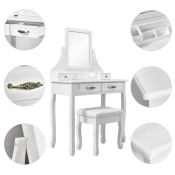 Meerveil Classic Coiffeuse, Blanc, avec un Grand Miroir et Tabouret, 2 tiroirs 6