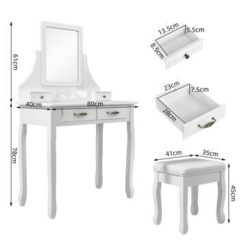 Meerveil Classic Coiffeuse, Blanc, avec un Grand Miroir et Tabouret, 2 tiroirs 3