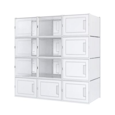 Meerveil Stackable Shoe Boxes, 12 Plastic Drawers with Door, Transparent White