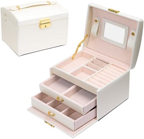 Meerveil Modern Jewellery Box, Black/White/Pink Color, Has Partitions and a Small Mirror - White