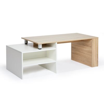 Table Basse Moderne en Bois Meerveil, Couleur Blanc et Chêne, Direction Réglable Extensible