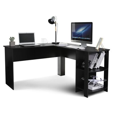 Meerveil Black L-shaped Computer Corner Desk, with 2 Storage Shelves - Black