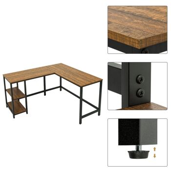 Table d'ordinateur industrielle rétro Meerveil en forme de L, avec espaces de rangement ouverts 7