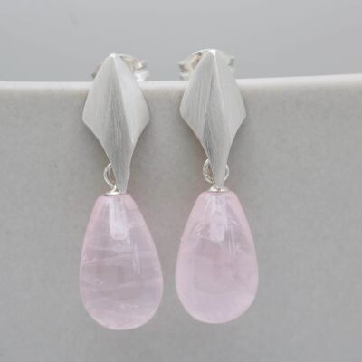 Boucles d'oreilles compte-gouttes déco en argent avec quartz rose