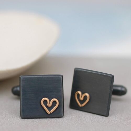 Sterling Silver Wedding Cufflinks. Black Gold Heart