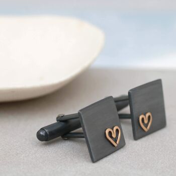 Boutons de manchette de mariage en argent sterling. Coeur d'or noir 3