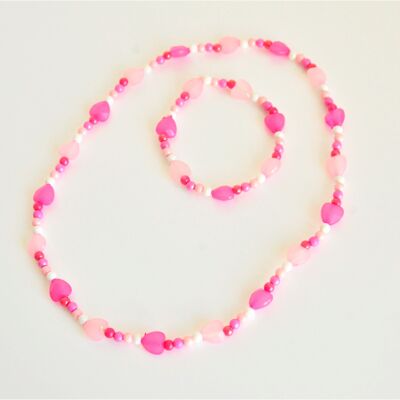 Set necklace+bracelet hearts pink