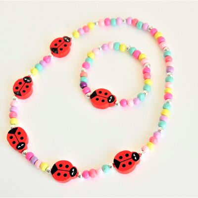 Set necklace+bracelet wooden beetle colorful